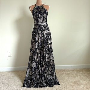 Metallic Blue and Silver Floral Halter Gown